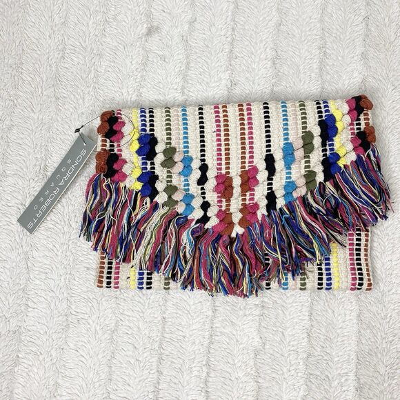 Sondra Roberts Squared Woven Multicolor Clutch Fringe Boho Festival‎ Colorful - Picture 1 of 10